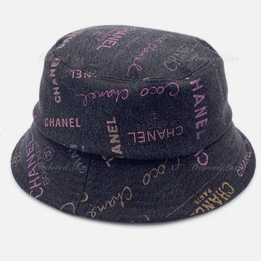 Authentic CHANEL Classic Logo Black Denim Bucket Hat 22p Medium